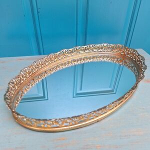 Vintage Vanity Mirror Tray Gold Perfume Trey MCM Art Deco Oval Shape Ornate Mint